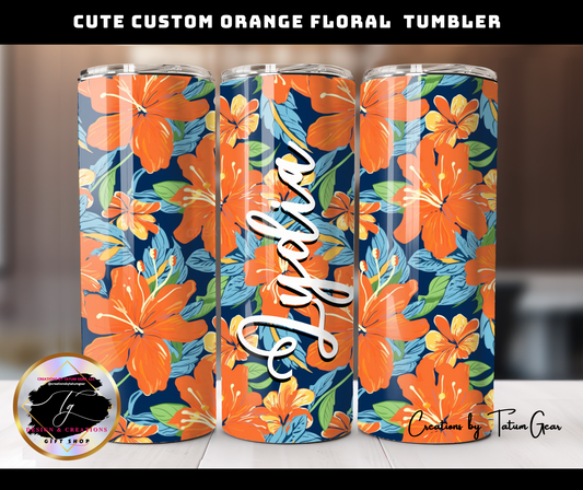 Stunning Floral Orange Sublimation Tumbler - 20oz Stainless Steel Cup, Custom name.